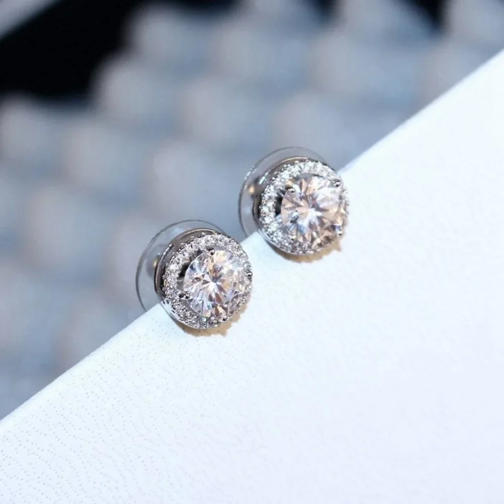 NEW Brilliant Cut Round Diamond Halo Silver Stud Earrings